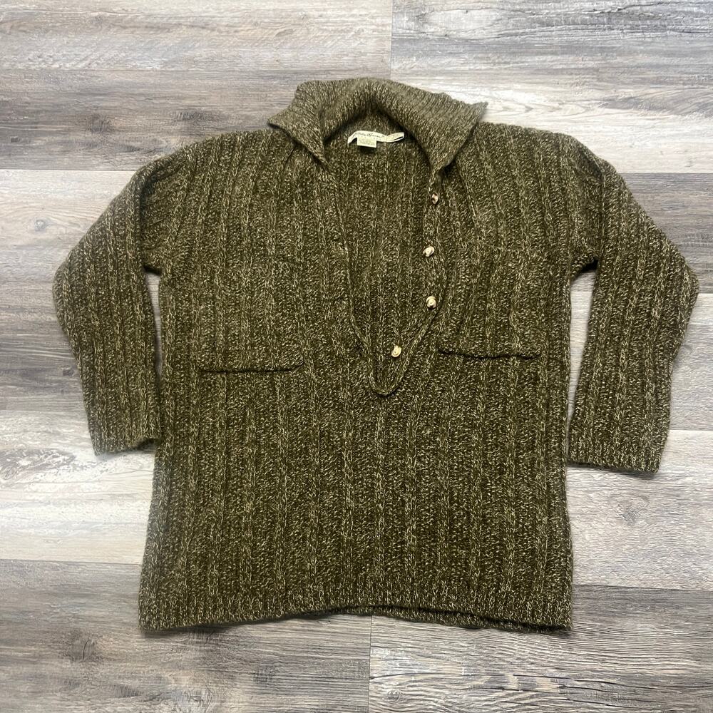 Vintage 90s Eddie Bauer Green Womens S Petite Collared Knit Wool Sweater